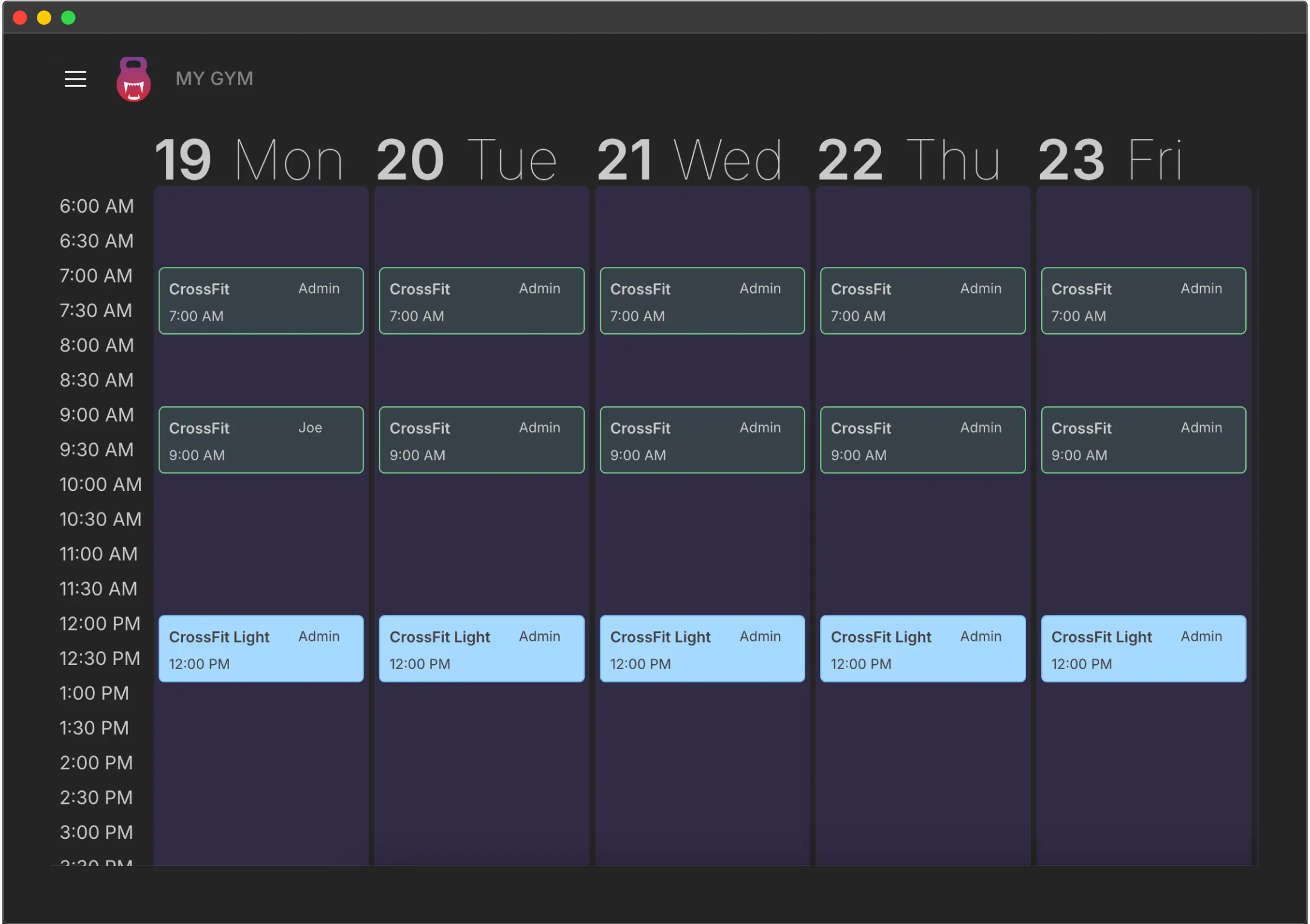 Angry Kettlebell schedule view